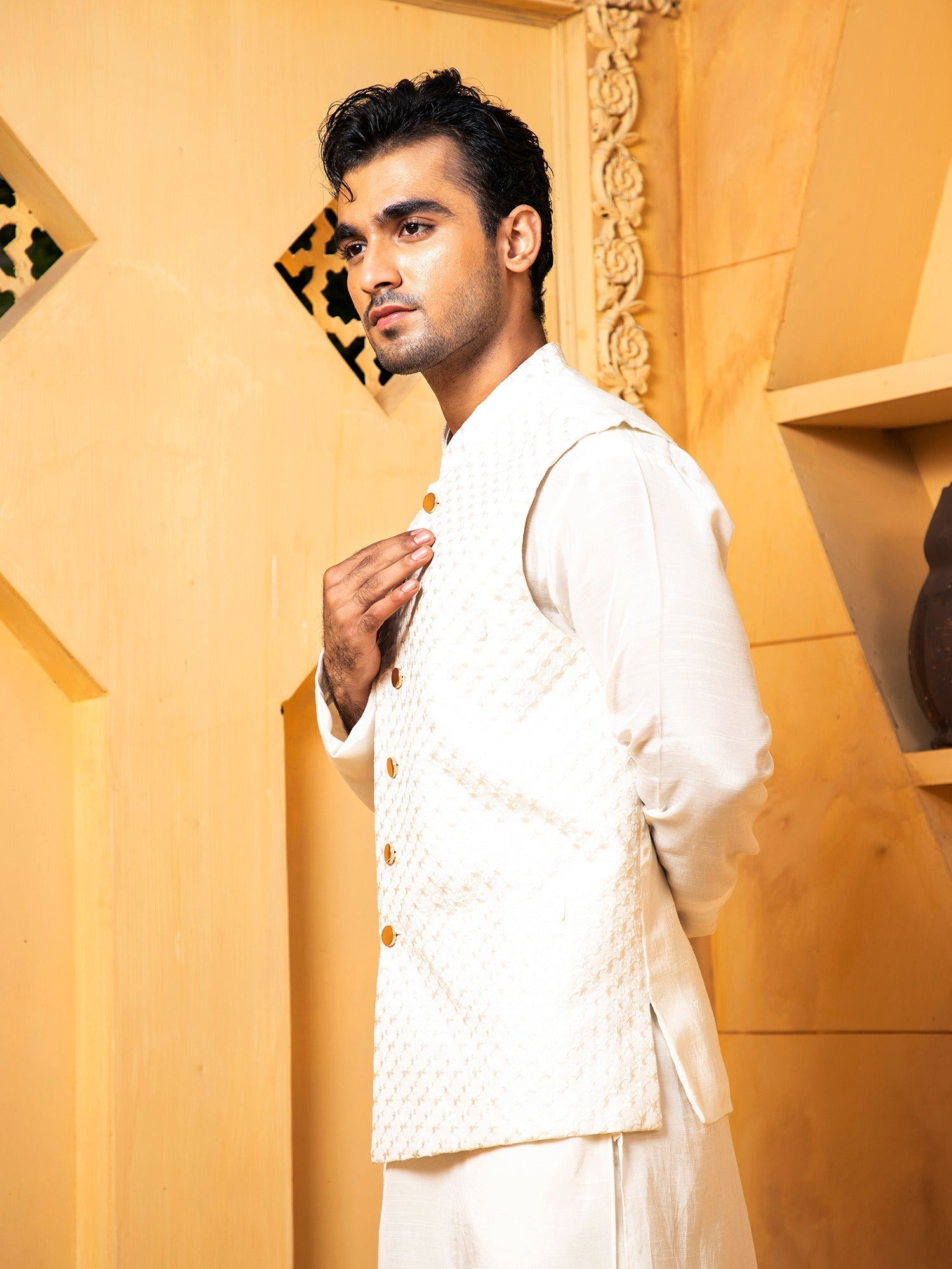 Shahjahan - Off White Kurta Trouser With Waistcoat - 3 Piece