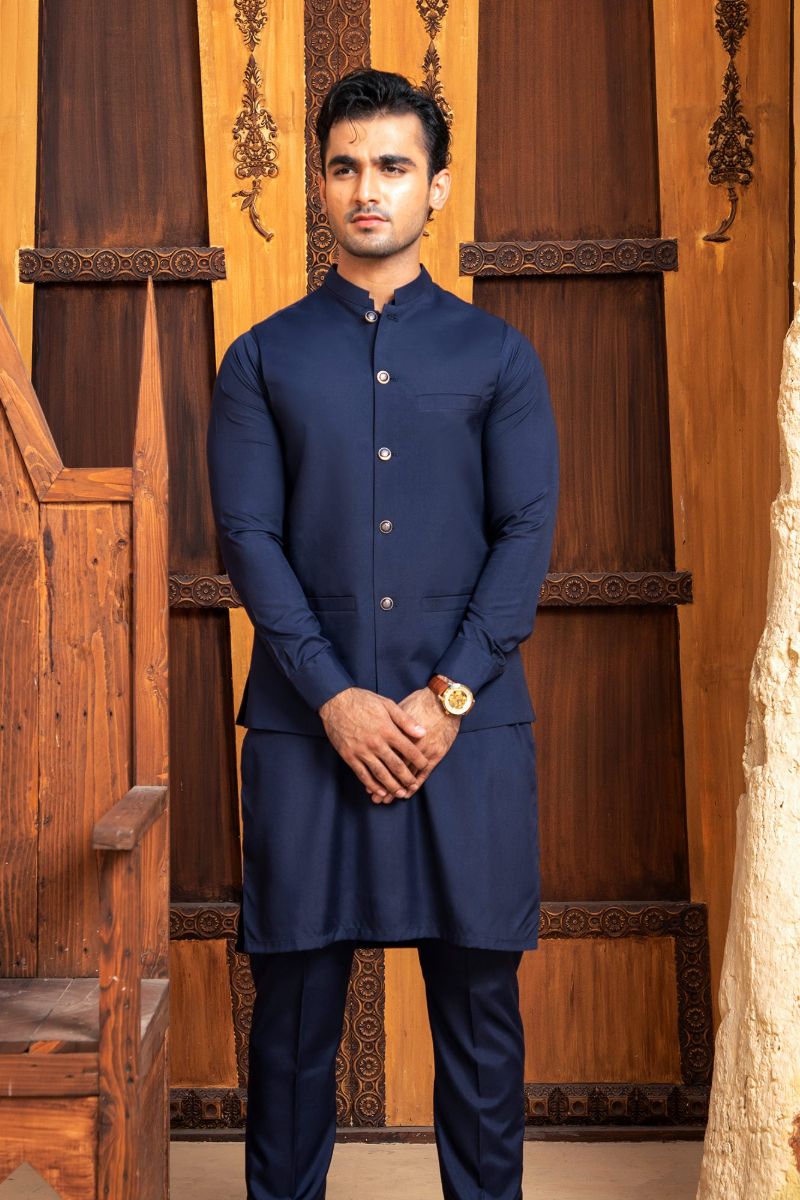 Shahjahan - Navy Blue Kurta Trouser With Waistcoat - 3 Piece