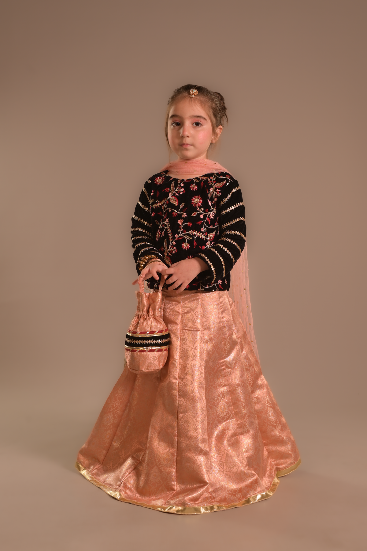 Cheeco Chic - Velvet & Atlas Banarsi Lehanga For Girl - Black - 3 Piece