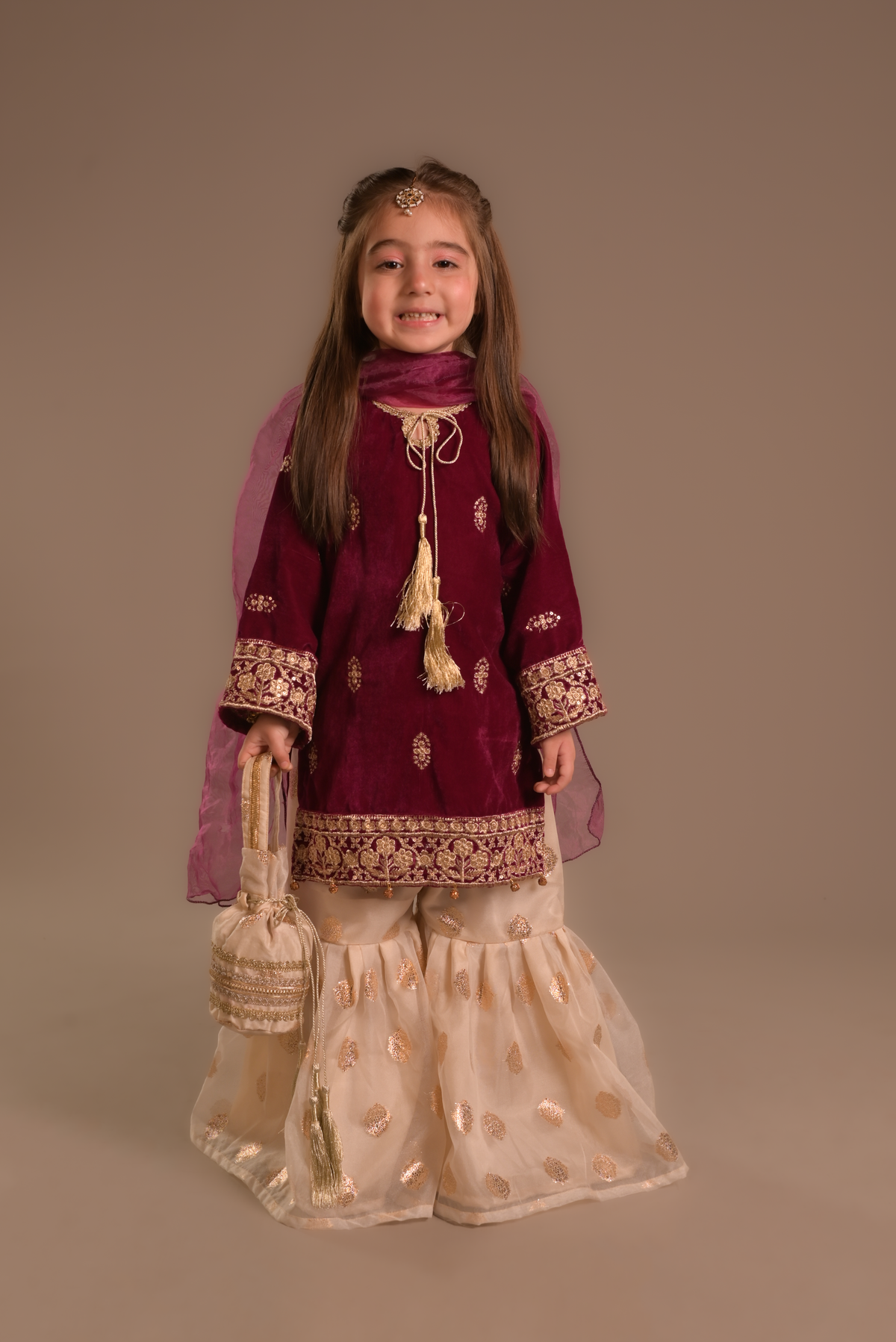 Cheeco Chic - Velvet & Organza Gharara For Girl - Pink - 3 Piece