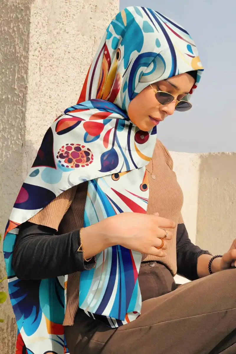 Black Wolf - FLORAL PATTERN SILK HIJAB - WHITE - 1 Piece