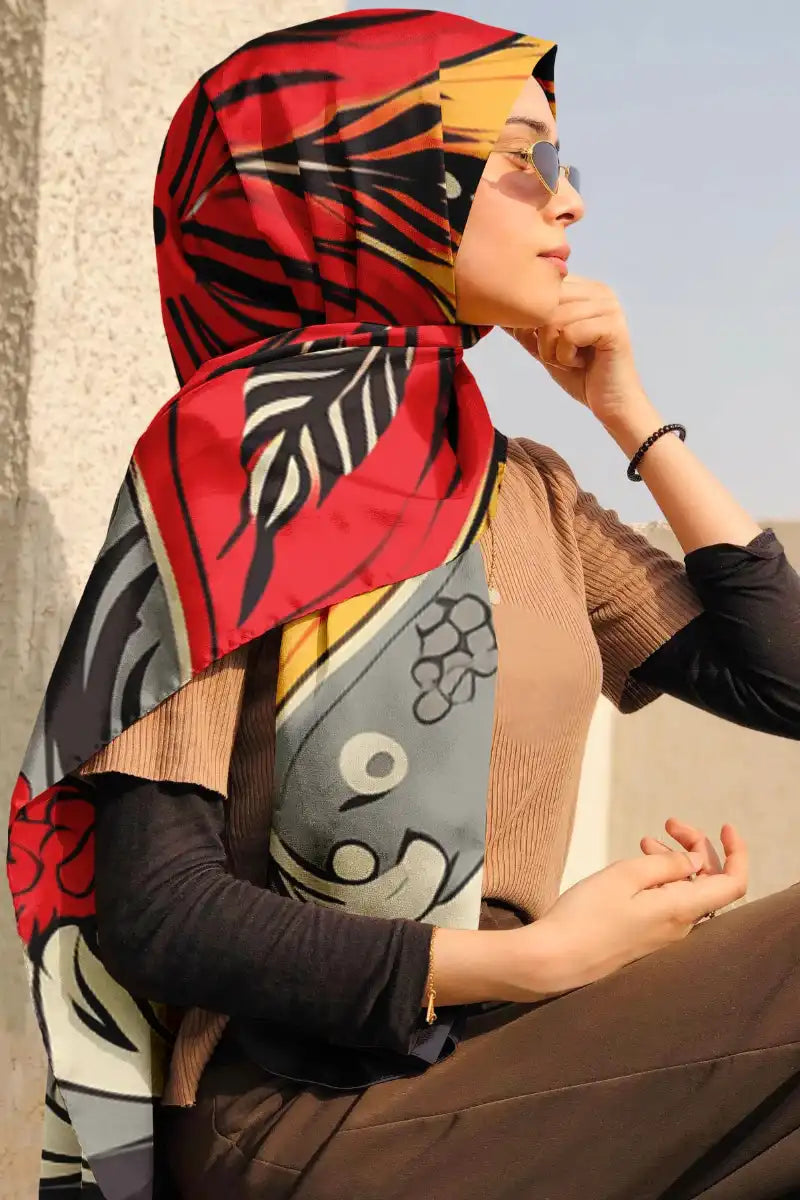 Black Wolf - VECTOR FLORAL ART SILK HIJAB - GREY - 1 Piece