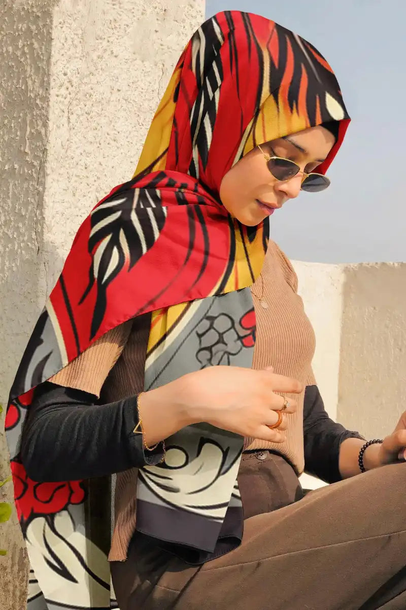 Black Wolf - VECTOR FLORAL ART SILK HIJAB - GREY - 1 Piece