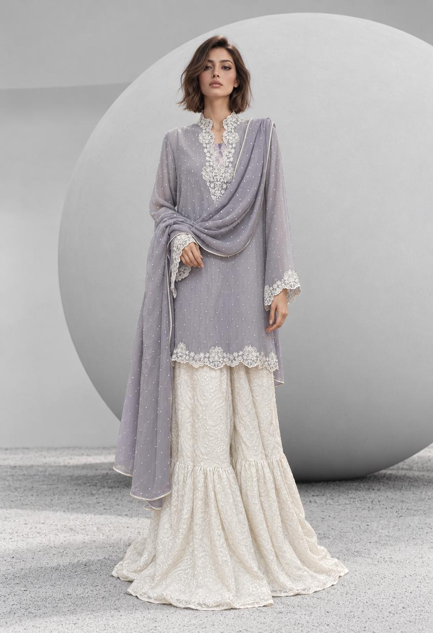 Maheen Khan MALIKA Gharara Grey 3 Piece