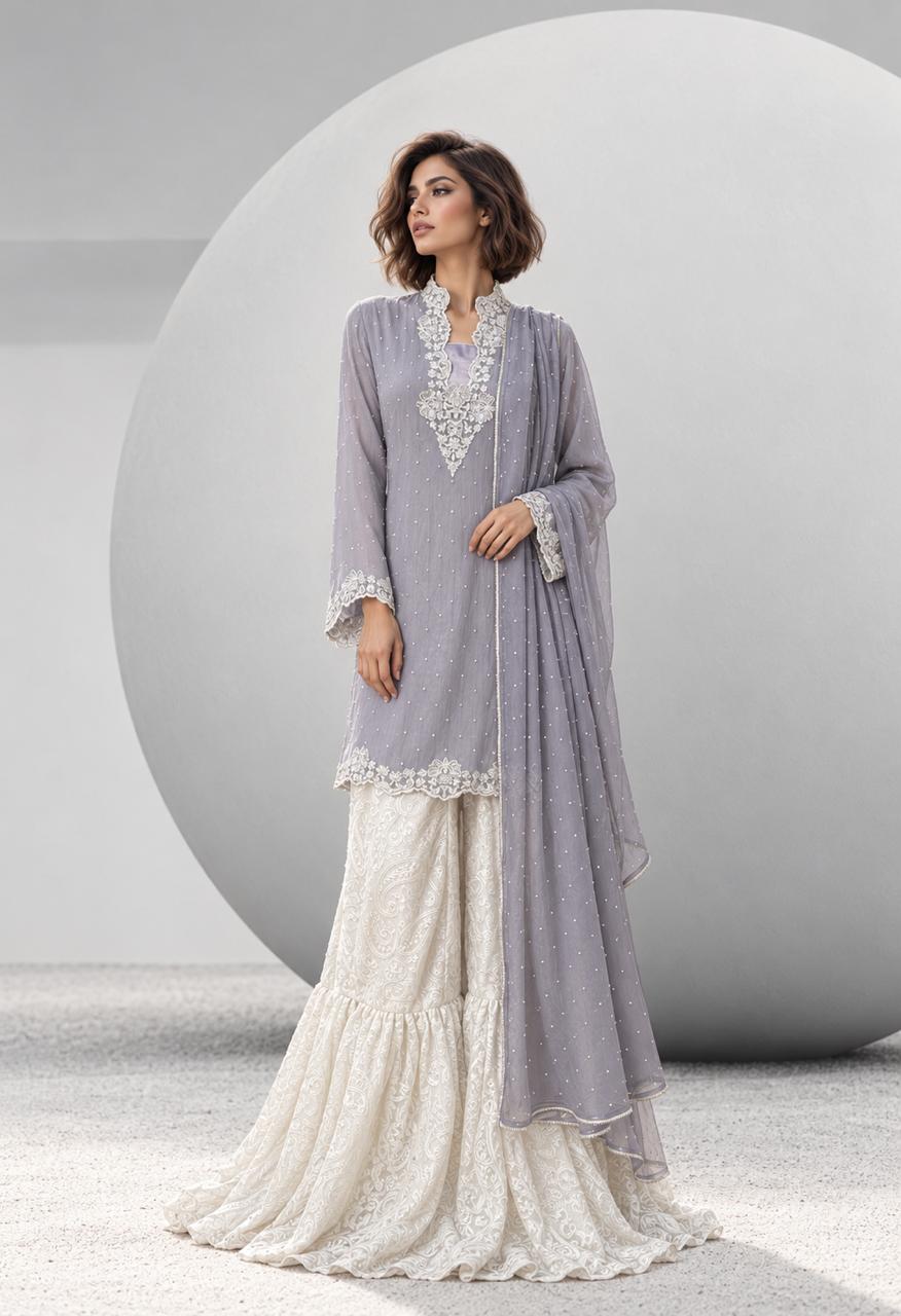 Maheen Khan MALIKA Gharara Grey 3 Piece