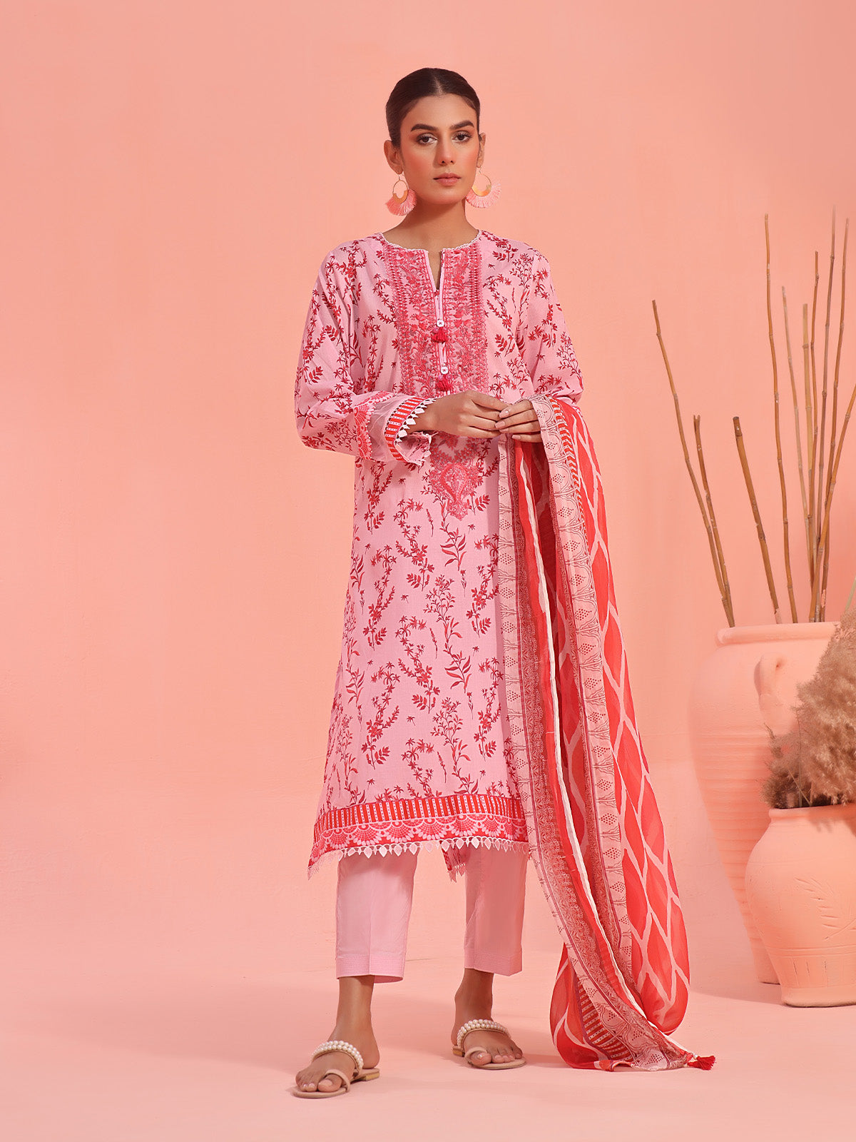 Oaks - Embroidered Pret Shirt Dupatta Lawn Pink & Maroon  - 2 Piece
