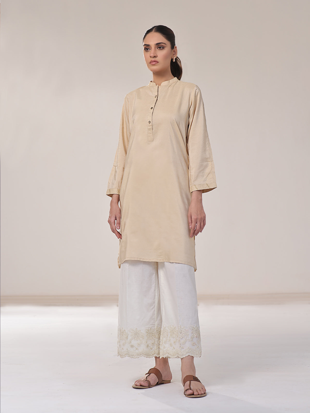 Oaks - Solid Pret Kurti Cotton Beige  - 1 Piece