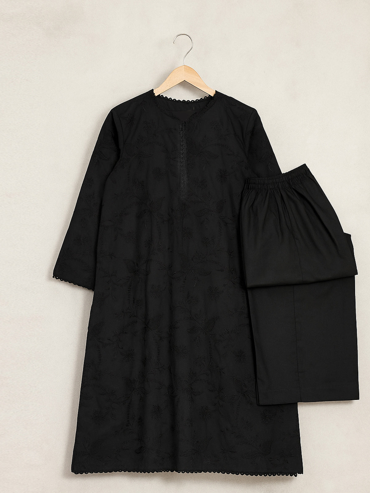 Oaks - Embroidered Pret Shirt & Trouser Dyed Cambric Black  - 2 Piece