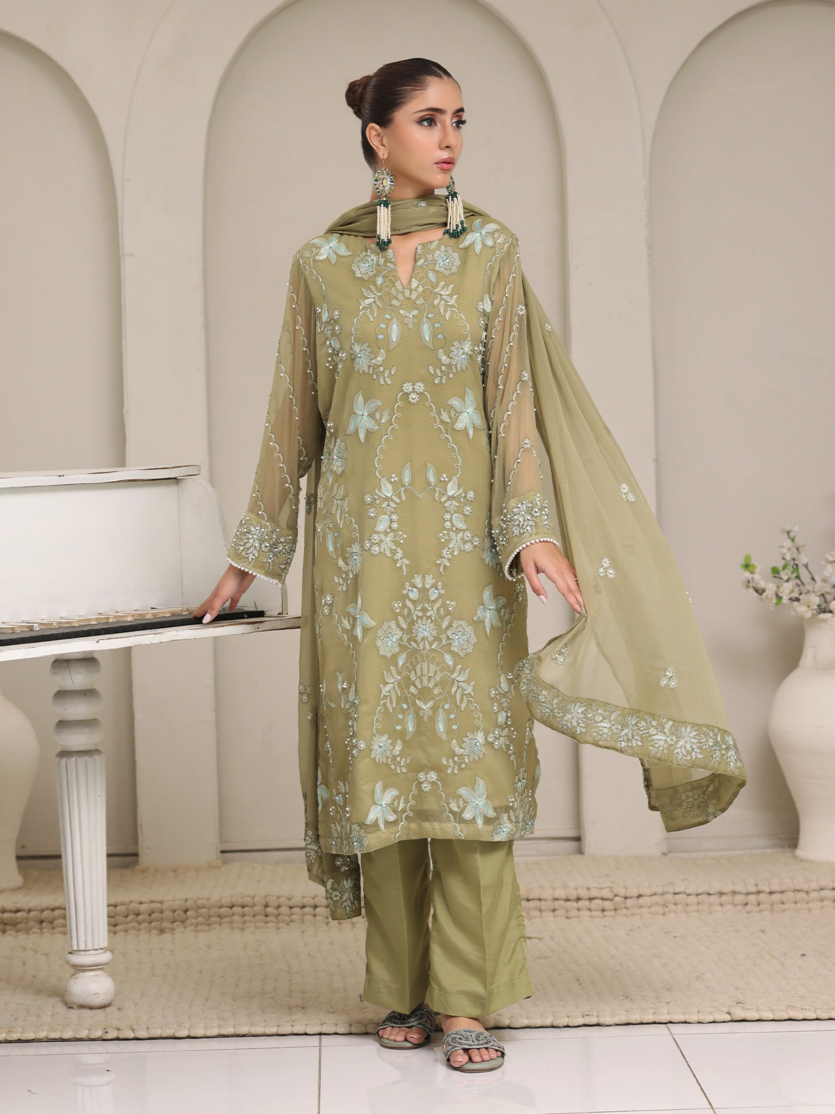 Oaks - Chiffon Embroidered Pret Suit For Women - Green - 3 Piece