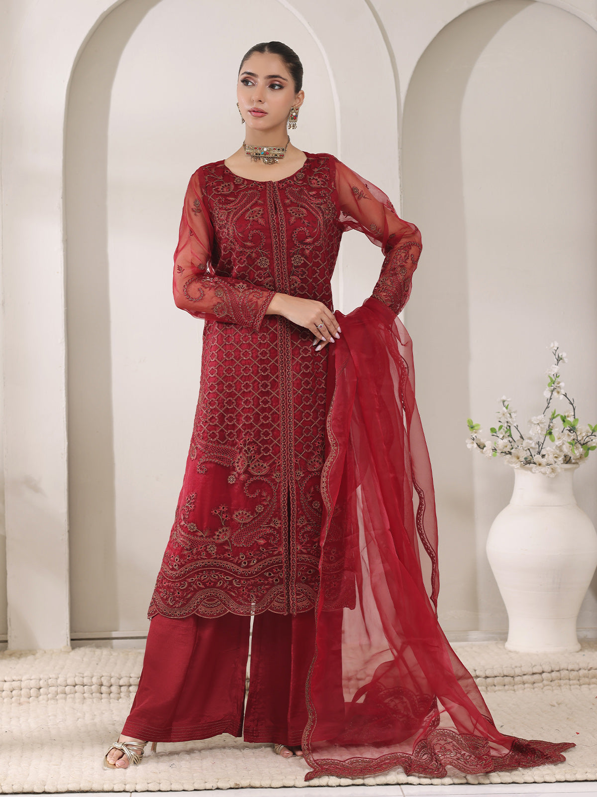 Oaks - Organza Embroidered Pret Suit For Women - Maroon - 3 Piece