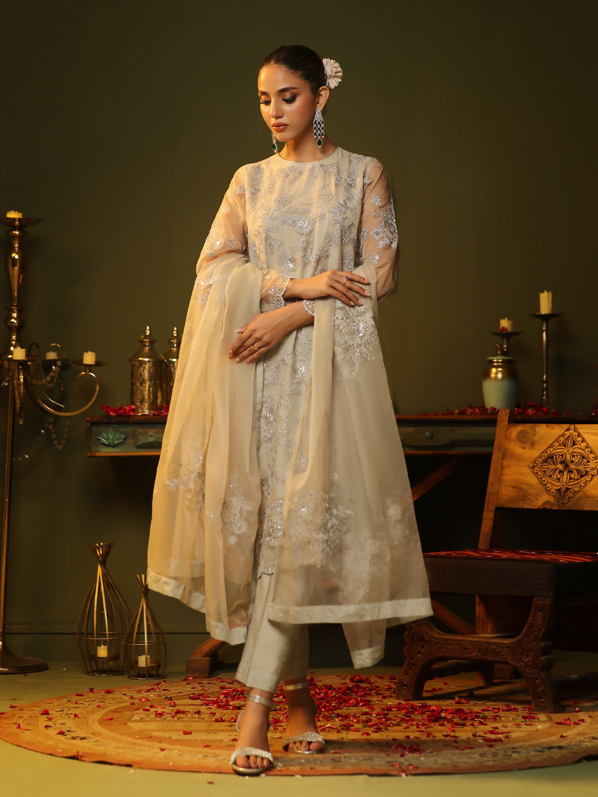 Oaks - Embroidered Pret Suit Organza Grey  - 3 Piece