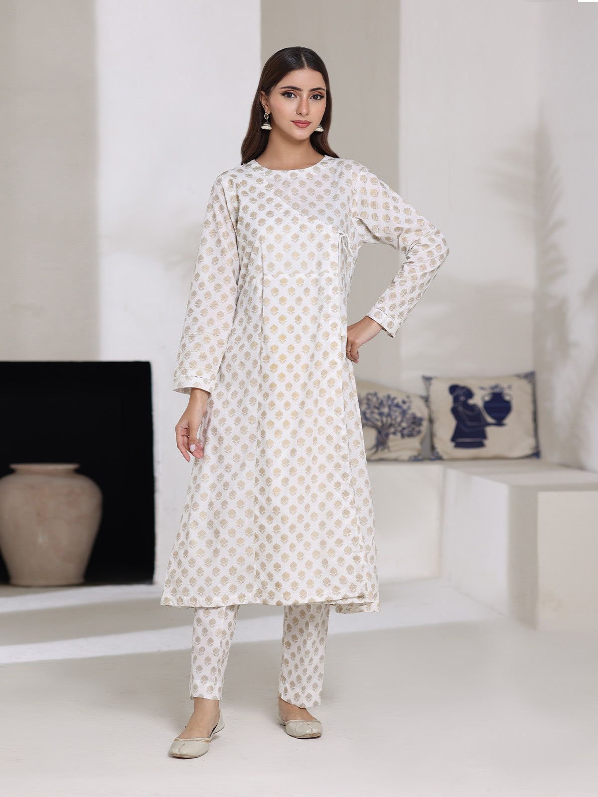 Oaks - Screen Print Cambric Suit For Women - Off White - 2 Piece