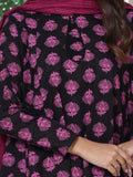 Oaks - Screen Print Cambric Suit For Women - Black&Magenta - 3 Piece