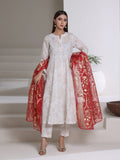 Oaks - Screen Print Cambric Suit For Women - White&Red - 3 Piece