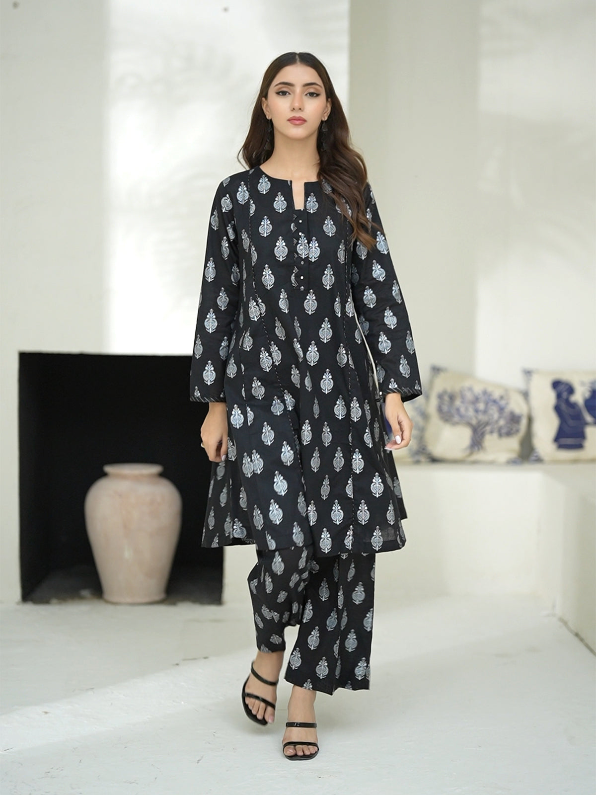 Oaks - Screen Print Cambric Suit For Women - Black - 2 Piece