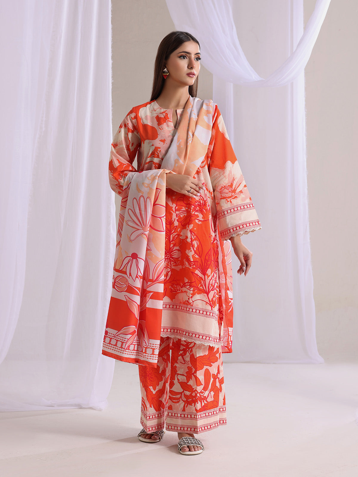 Oaks - Lawn Printed Unstitch Suit For Women - Orange - 3 Piece