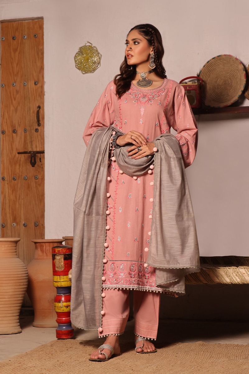Oaks - 3 Piece Embroidered Unstitched Khaddar Pink - OWEKH3P-6259-A