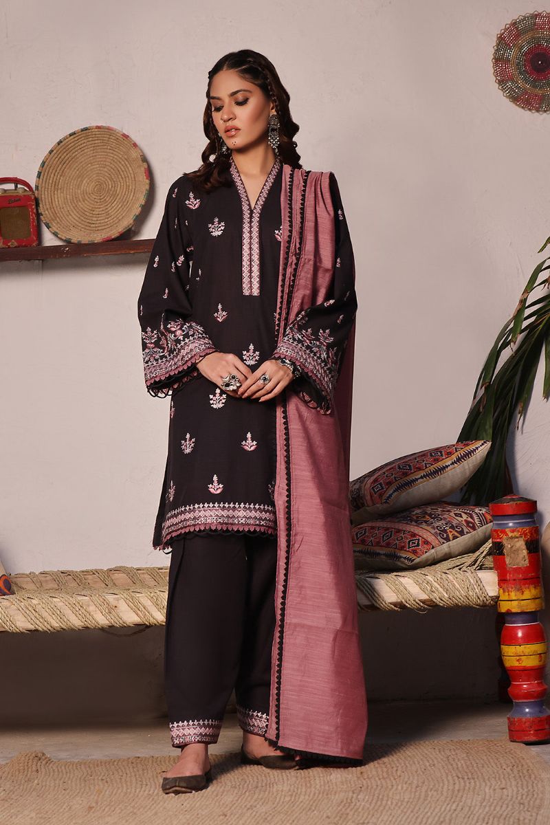 Oaks - 3 Piece Embroidered Unstitched Khaddar Black - OWEKH3P-6263-A