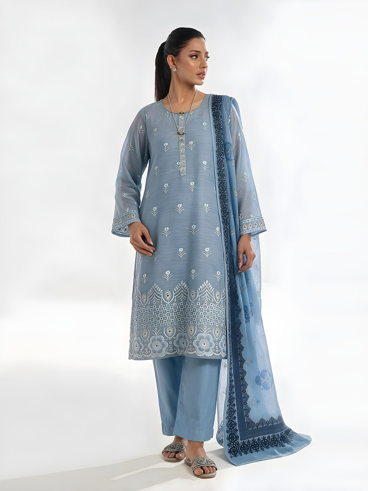 Oaks Embroidered Organza Net Unstitched Light Ferozi 3 Piece
