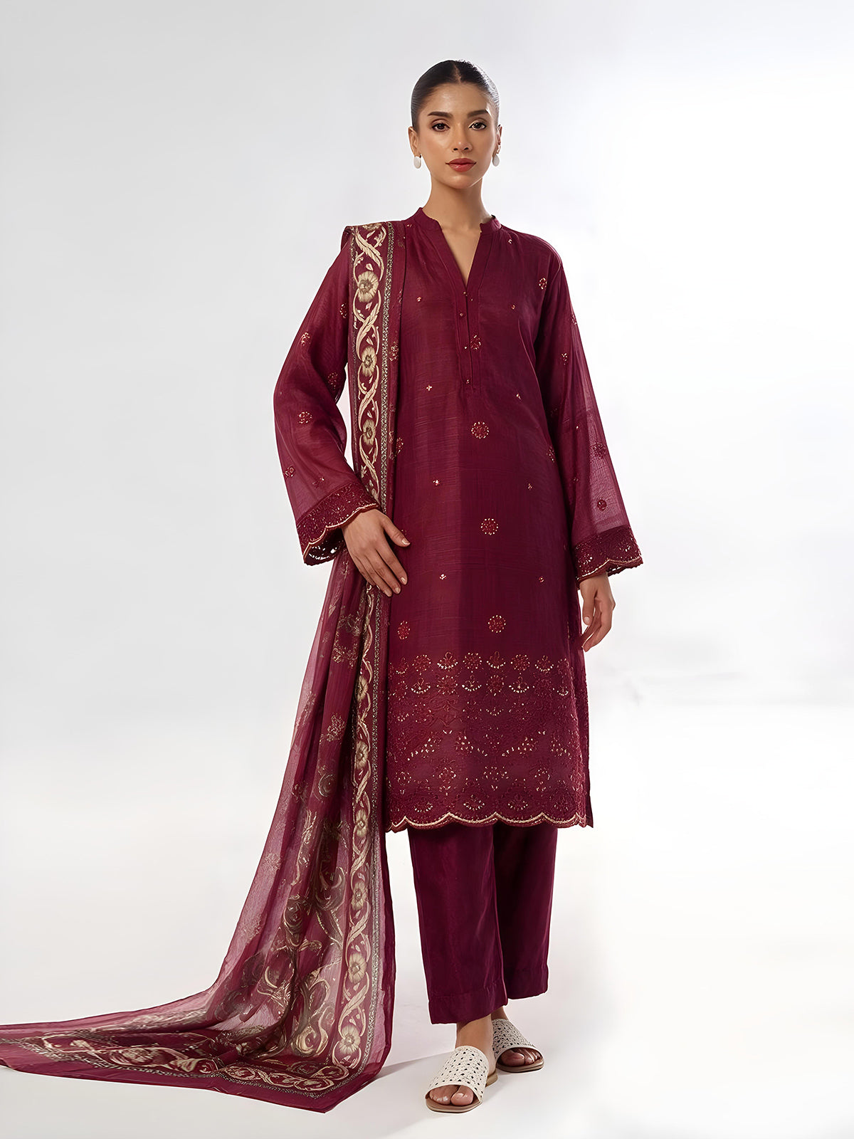 Oaks Embroidered Organza Net Unstitched Maroon 3 Piece
