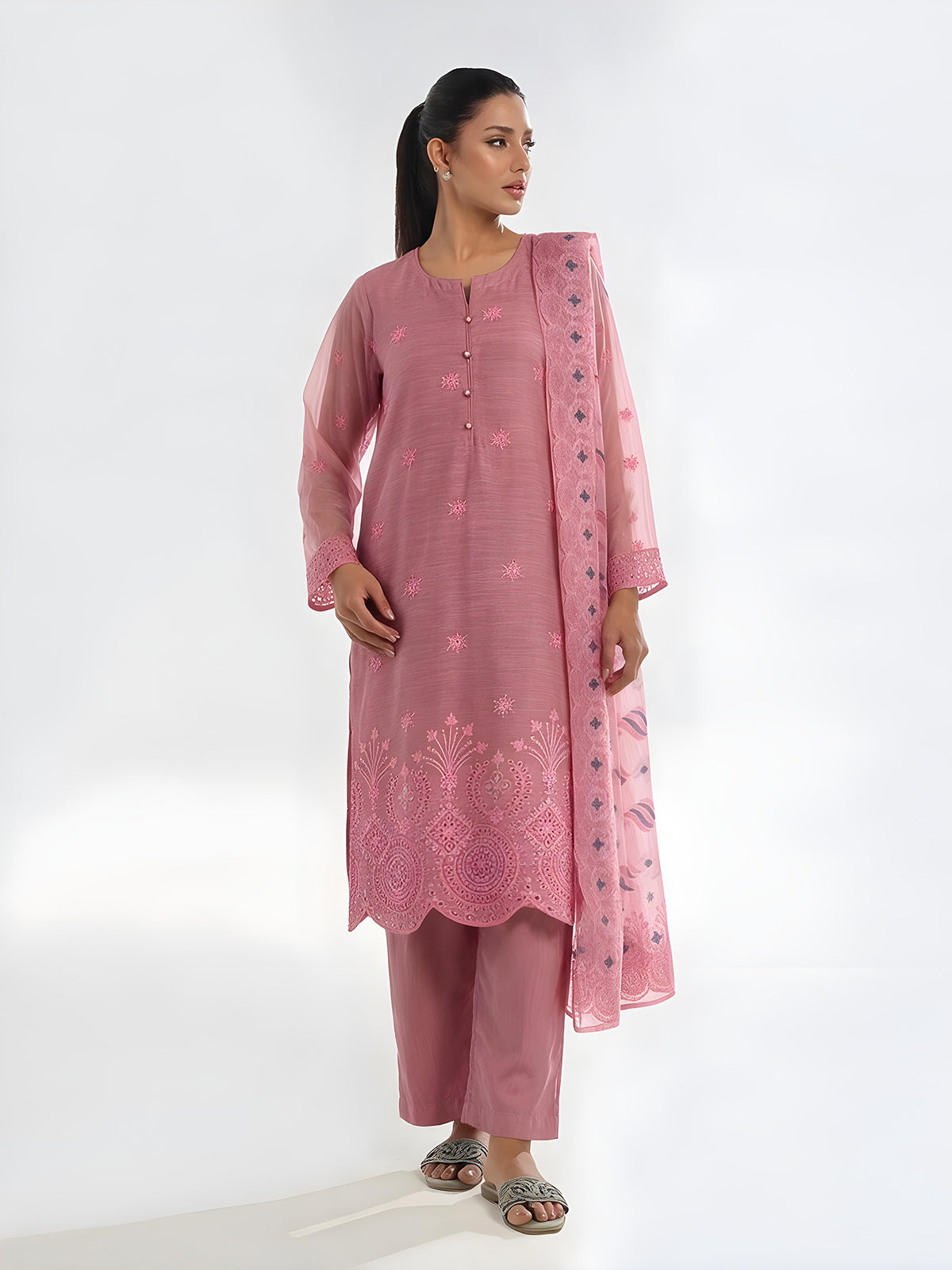 Oaks Embroidered Organza Net Slub Suit Pink 3 Piece