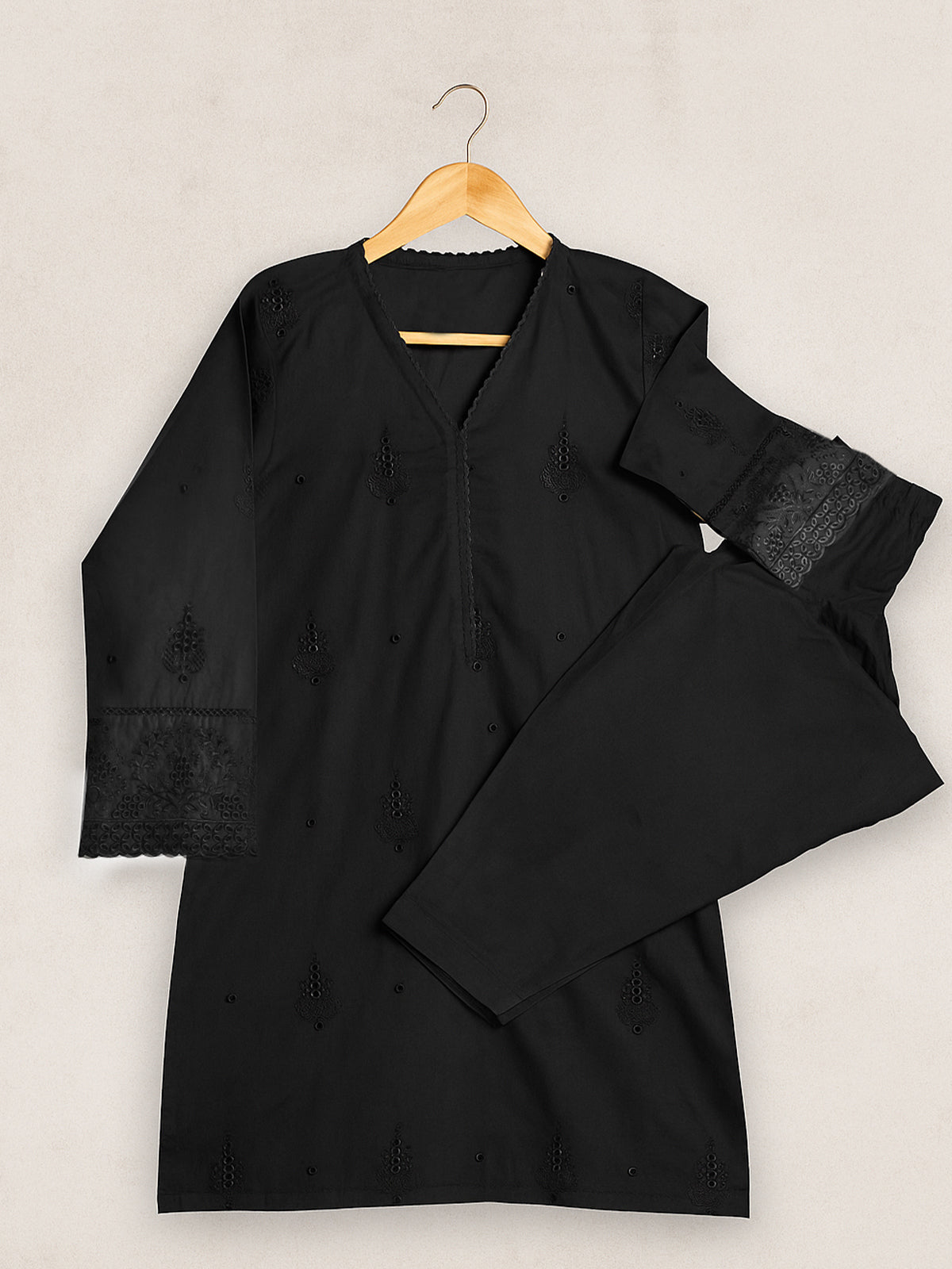 Oaks - Embroidered Pret Shirt & Trouser Dyed Cambric Black  - 2 Piece