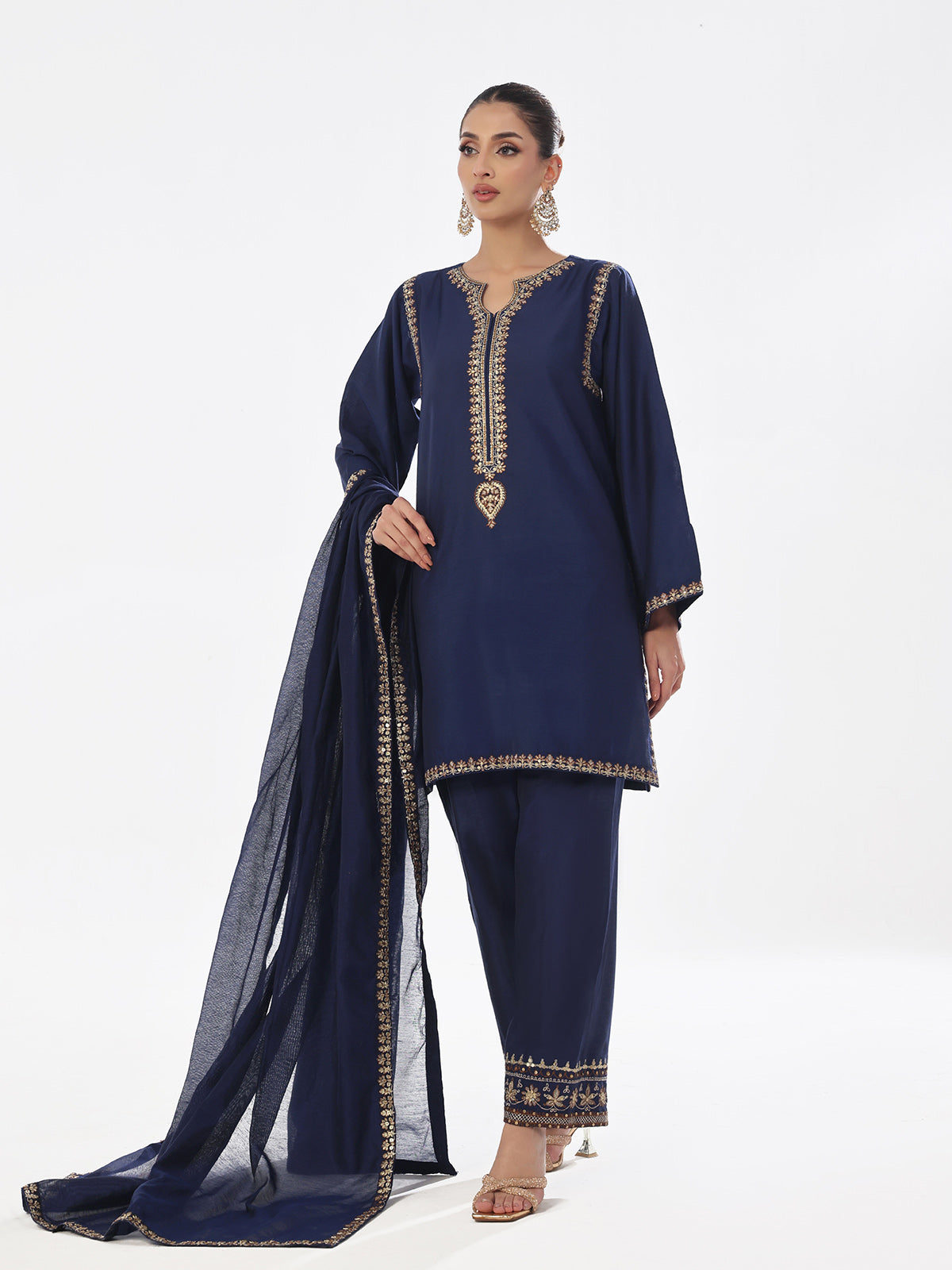 Oaks - Embroidered Pret Suit Cotton Silk Navy Blue  - 3 Piece