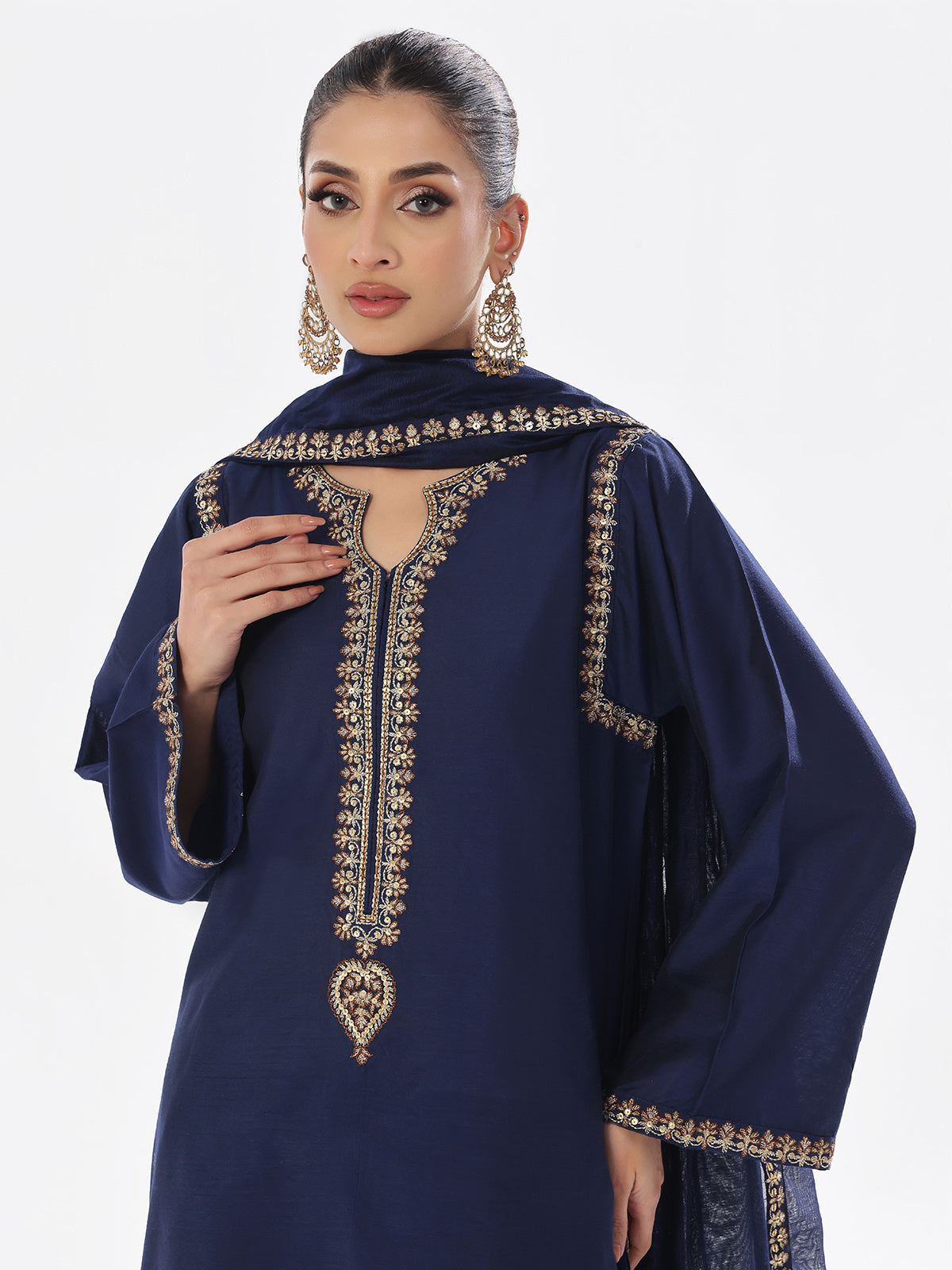 Oaks - Embroidered Pret Suit Cotton Silk Navy Blue  - 3 Piece
