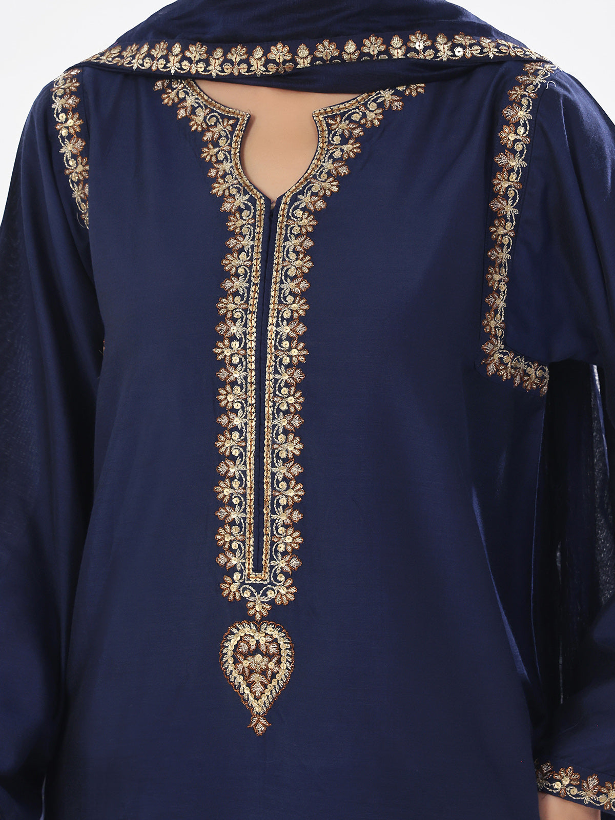 Oaks - Embroidered Pret Suit Cotton Silk Navy Blue  - 3 Piece