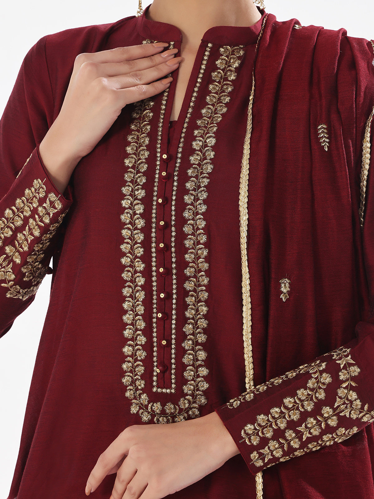 Oaks - Embroidered Pret Suit Cotton Silk Maroon  - 3 Piece