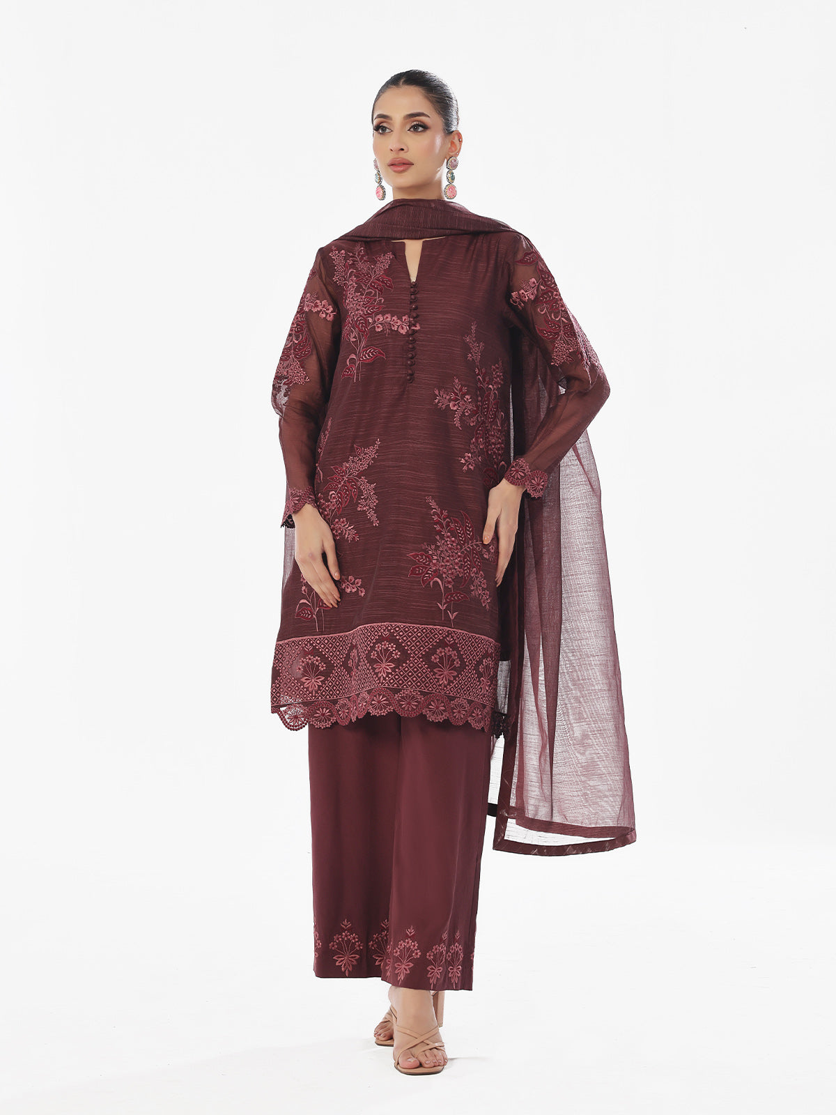 Oaks - Embroidered Pret Suit Net Slub Polly Plum  - 3 Piece