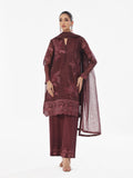 Oaks - Embroidered Pret Suit Net Slub Polly Plum  - 3 Piece
