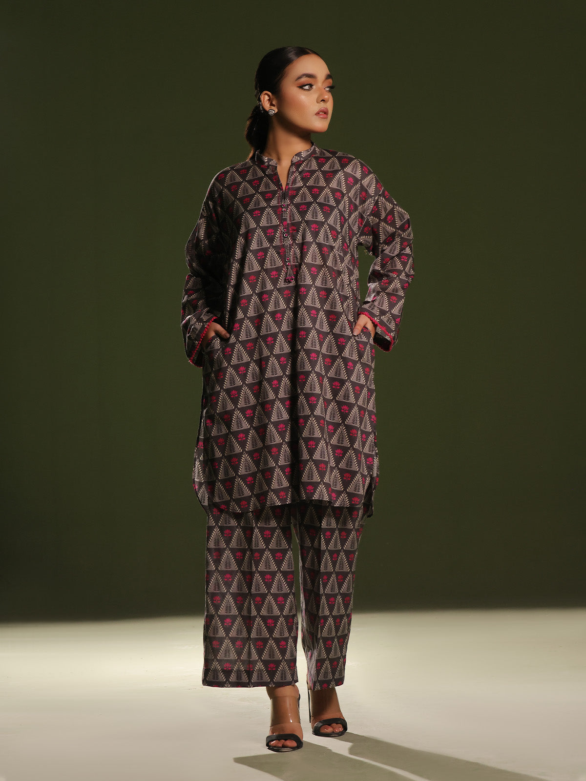 Oaks - Printed Unstitched Cambric Black  - 2 Piece