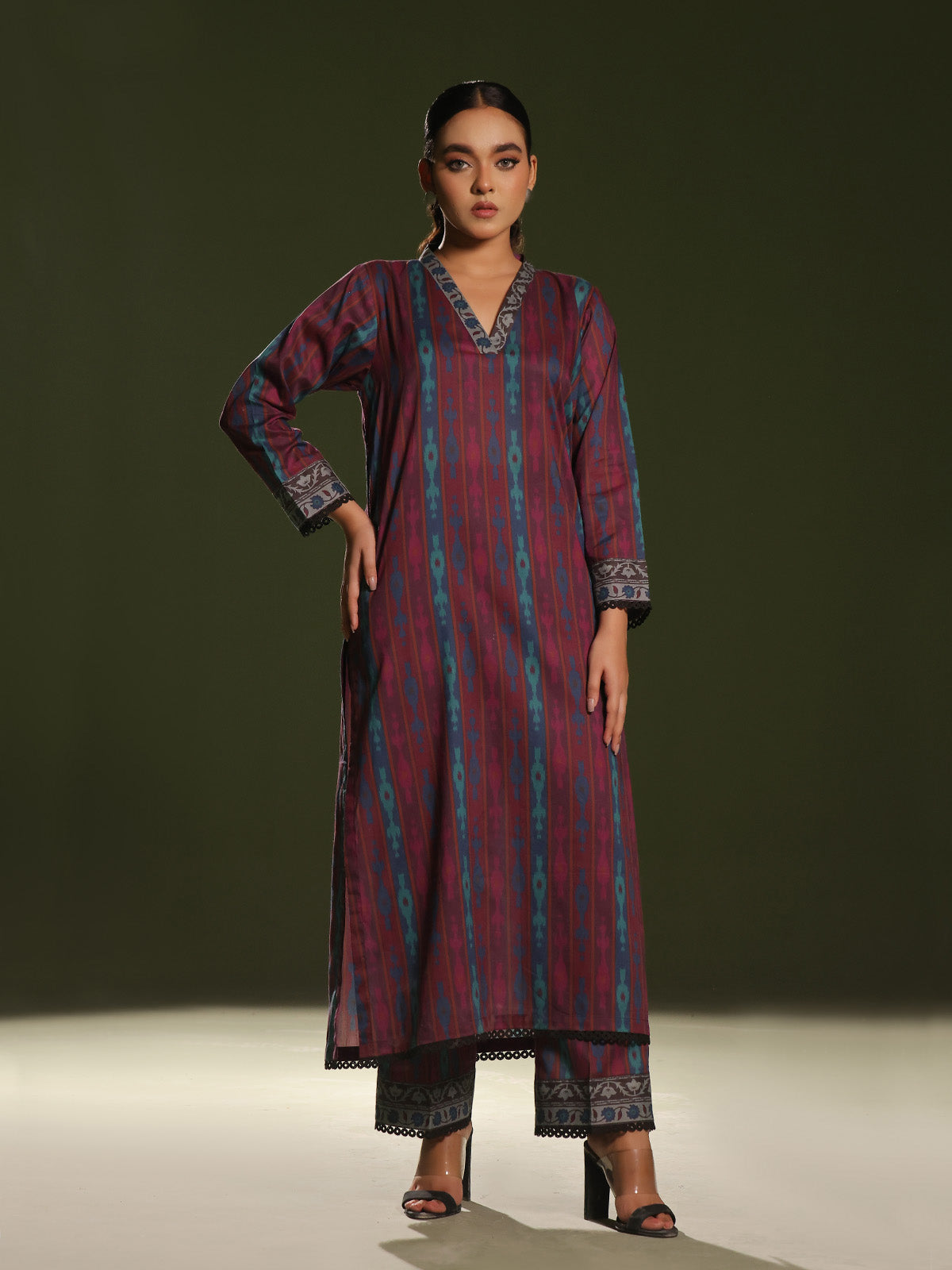 Oaks - Printed Pret Shirt Trouser Cambric Maroon  - 2 Piece