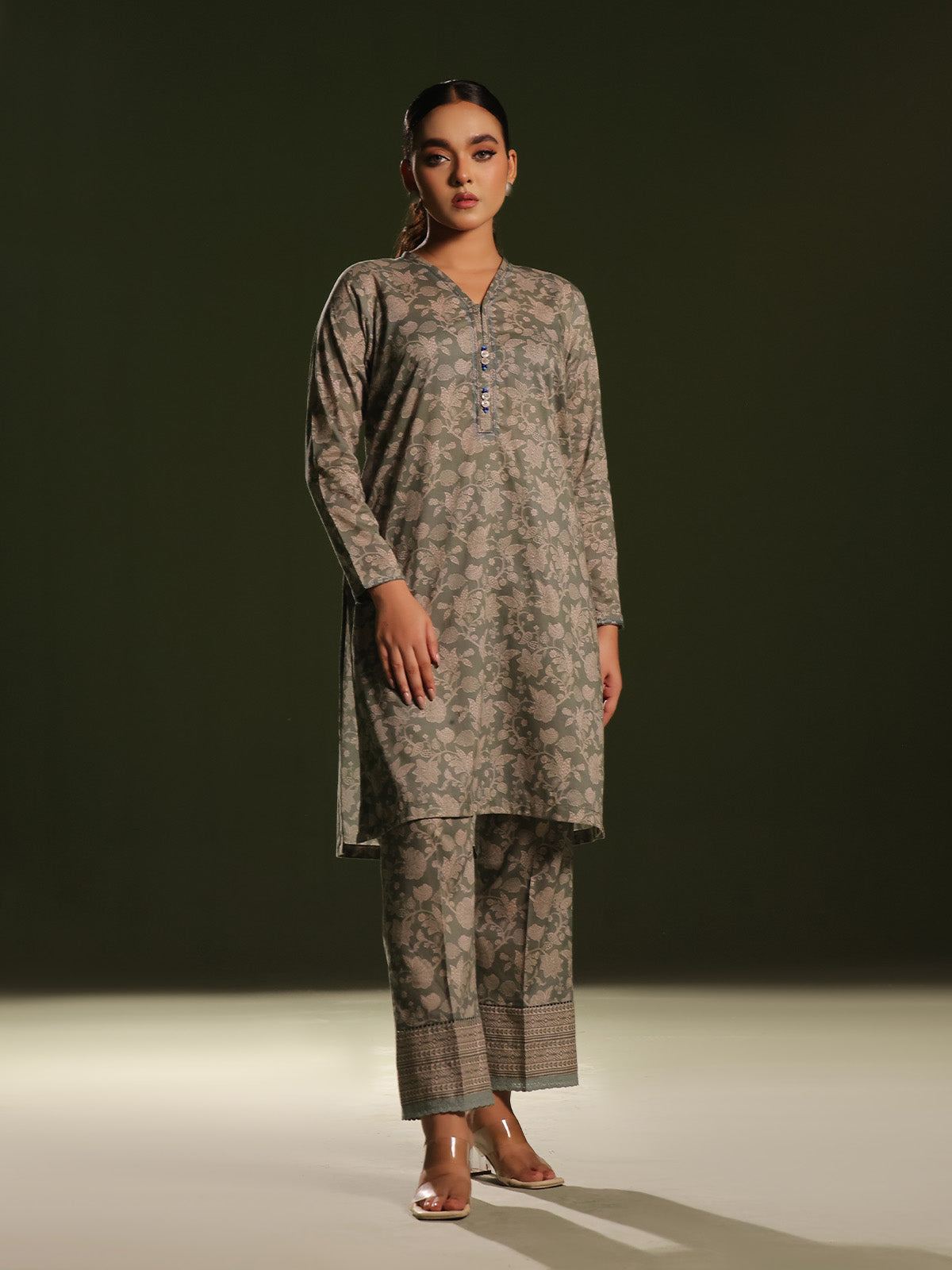 Oaks - Printed Unstitched Cambric Green  - 2 Piece