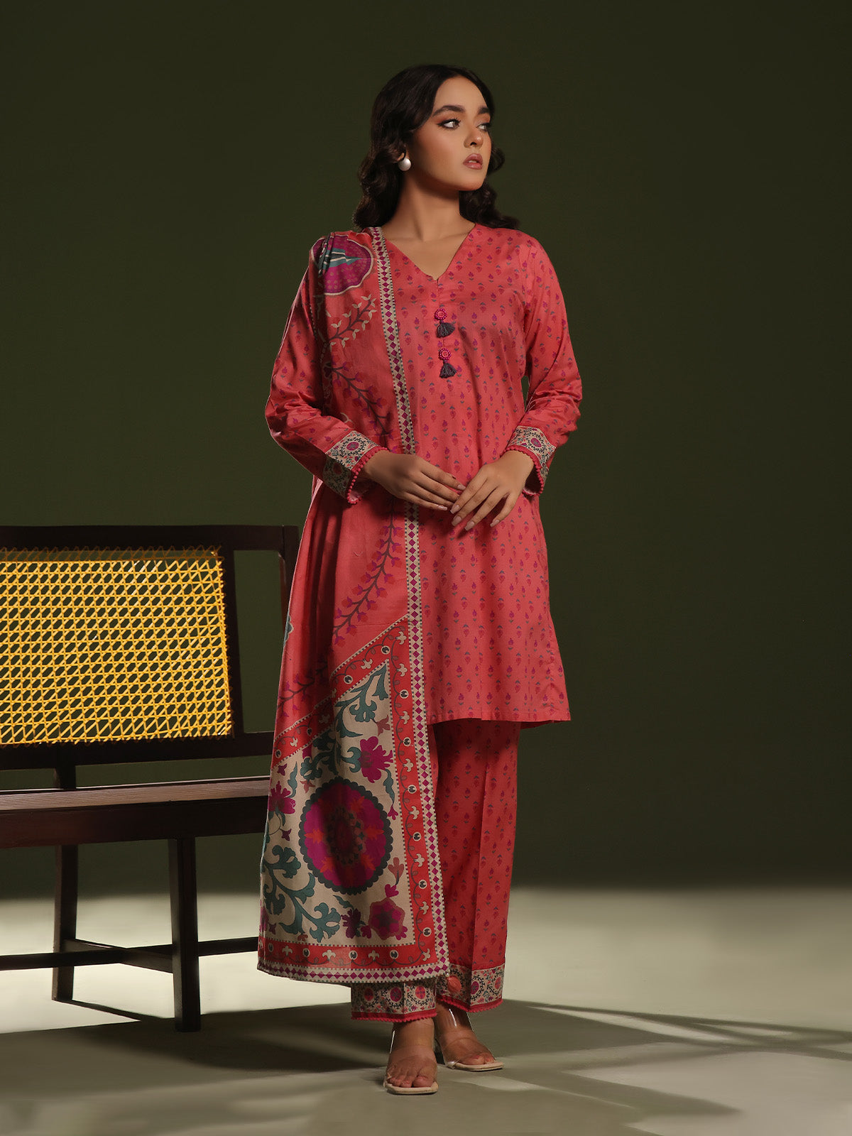 Oaks - Printed Pret Suit Cambric Peach  - 3 Piece