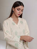 Oaks - Dyed Cambric Screen Print Suit For Women - Off White & Green - 2 Piece