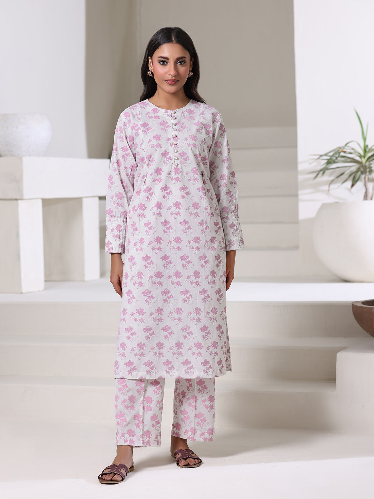 Oaks - Dyed Cambric Screen Print Suit For Women - White & Pink - 2 Piece