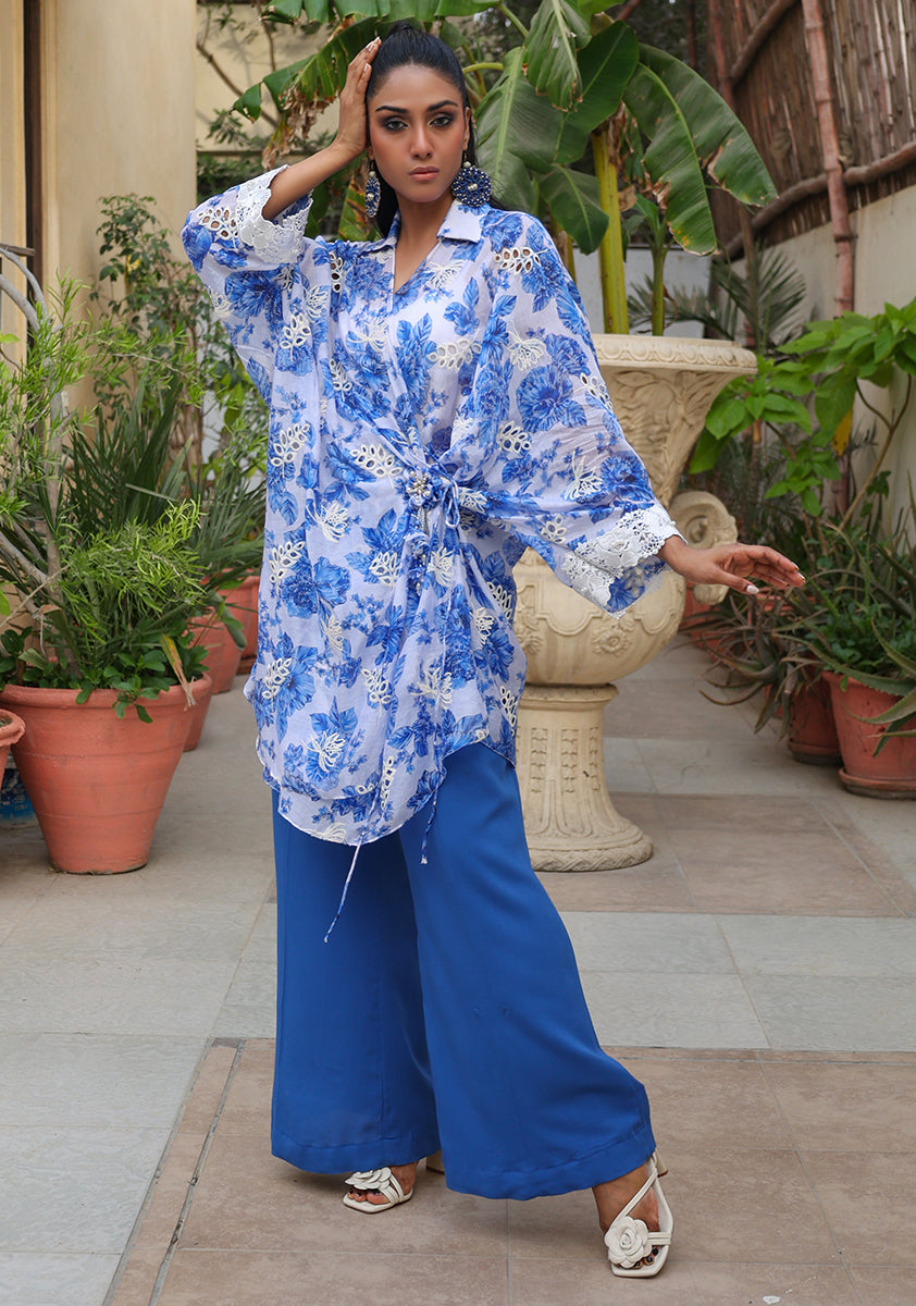 Huma Adnan - Yumna - Blue - Chikankari & Linen - 3 Piece