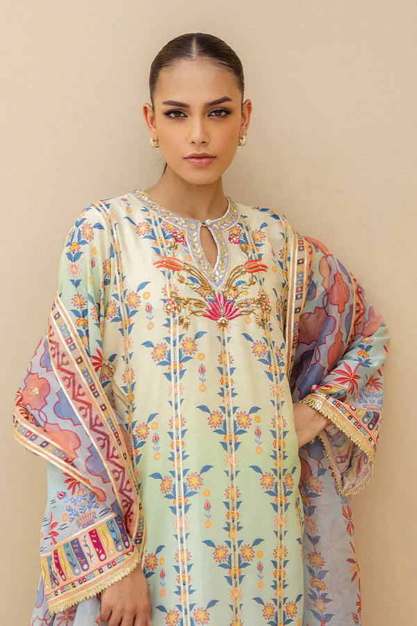 Sania Maskatiya - Zayen (B) - Khaddi Silk , Organza , RawSilk - Seafoam - Ombre - 3 Piece