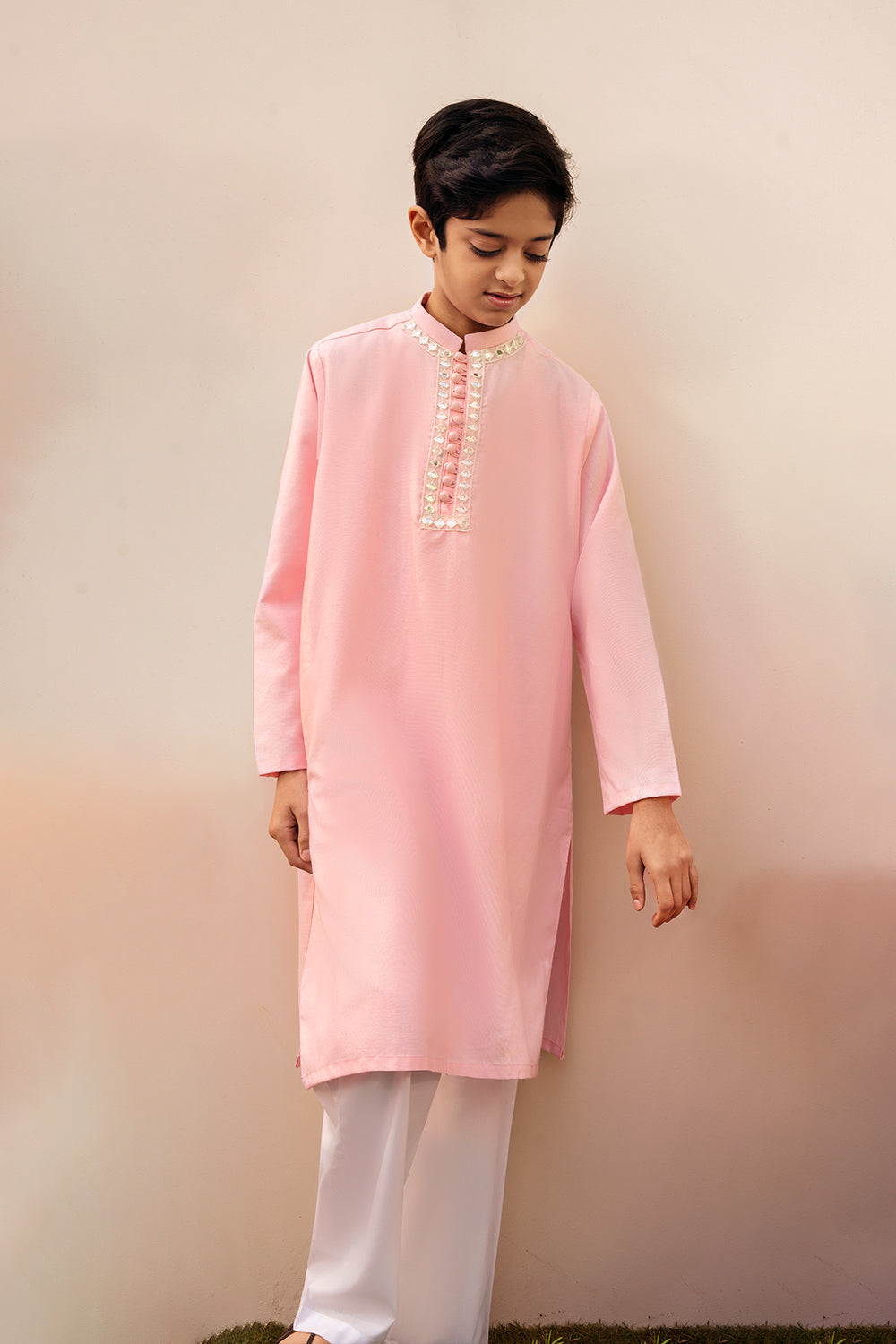 Hummingbirds - Candy Pink Mirror Embroidery Kurta Cotton Chambray For Boy