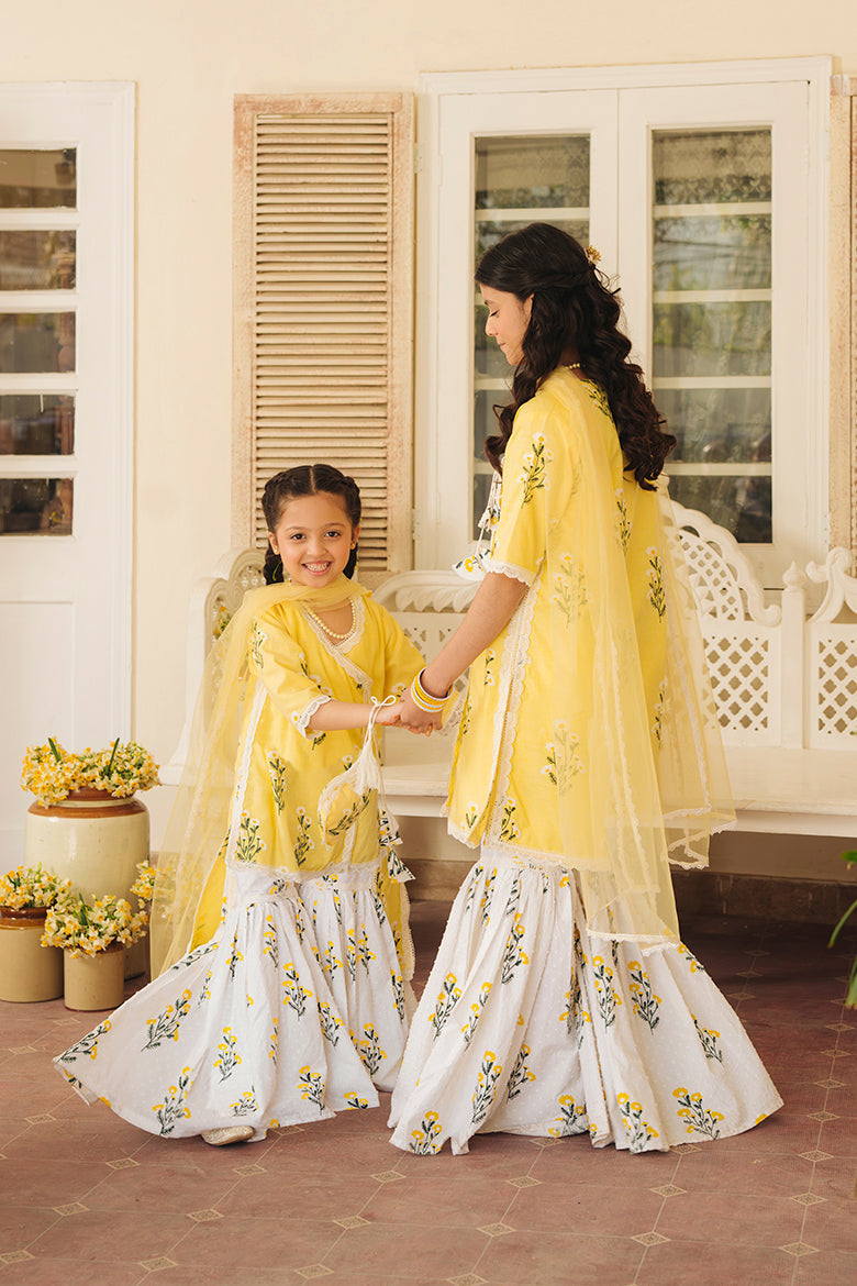 Hummingbirdspk - Jaan-e-Bahar - Yellow & White Block Printed Gharara Set 4 Piece
