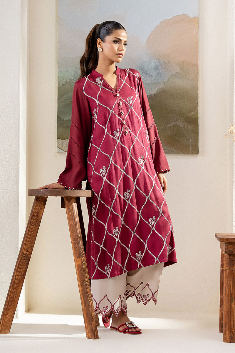 Cross Stitch - Royal Bliss Linen Suit For Women - Red - 2 Piece