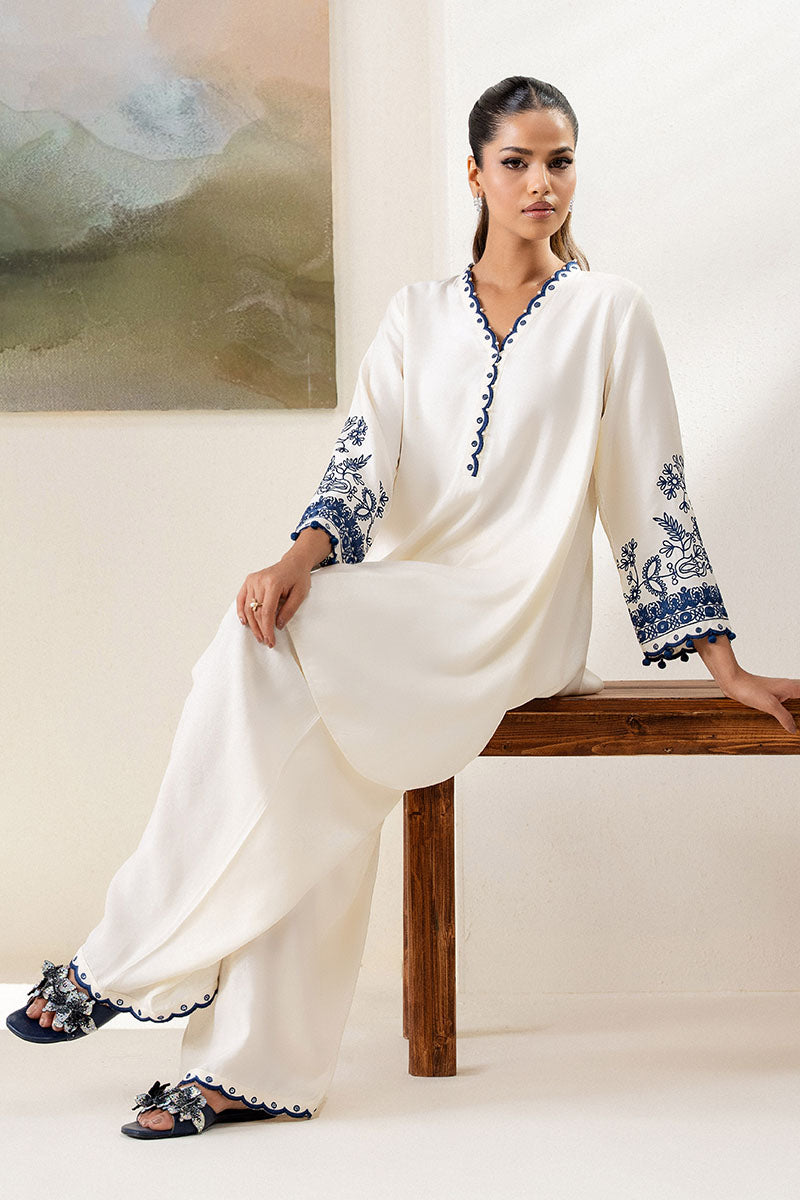 Cross Stitch - Blue Wave Linen Suit For Women - White - 2 Piece