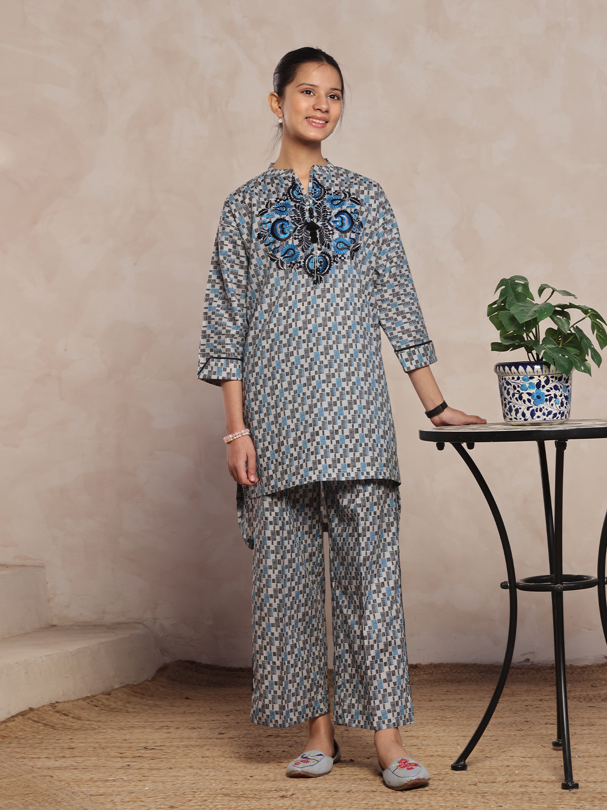 Oaks - Embroidered Pret Shirt & Trouser Lawn Grey & Blue  - 2 Piece