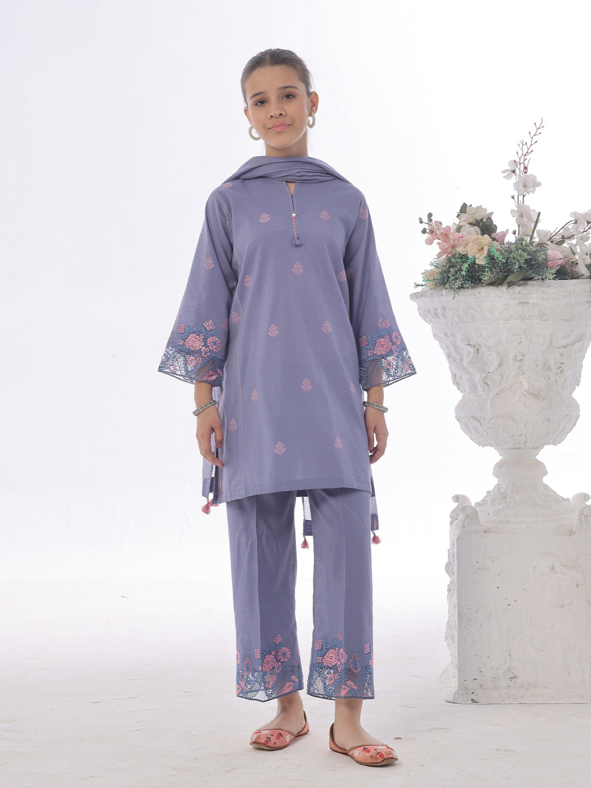 Oaks - Embroidered Cotton Silk Suit For Girl - Blue - 3 Piece