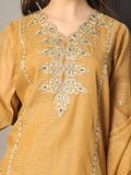 Oaks - Embroidered Slub net polly Suit For Girl - Bronze - 3 Piece