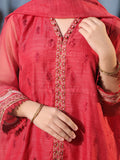 Oaks - Embroidered Slub net polly Suit For Girl - Red - 3 Piece