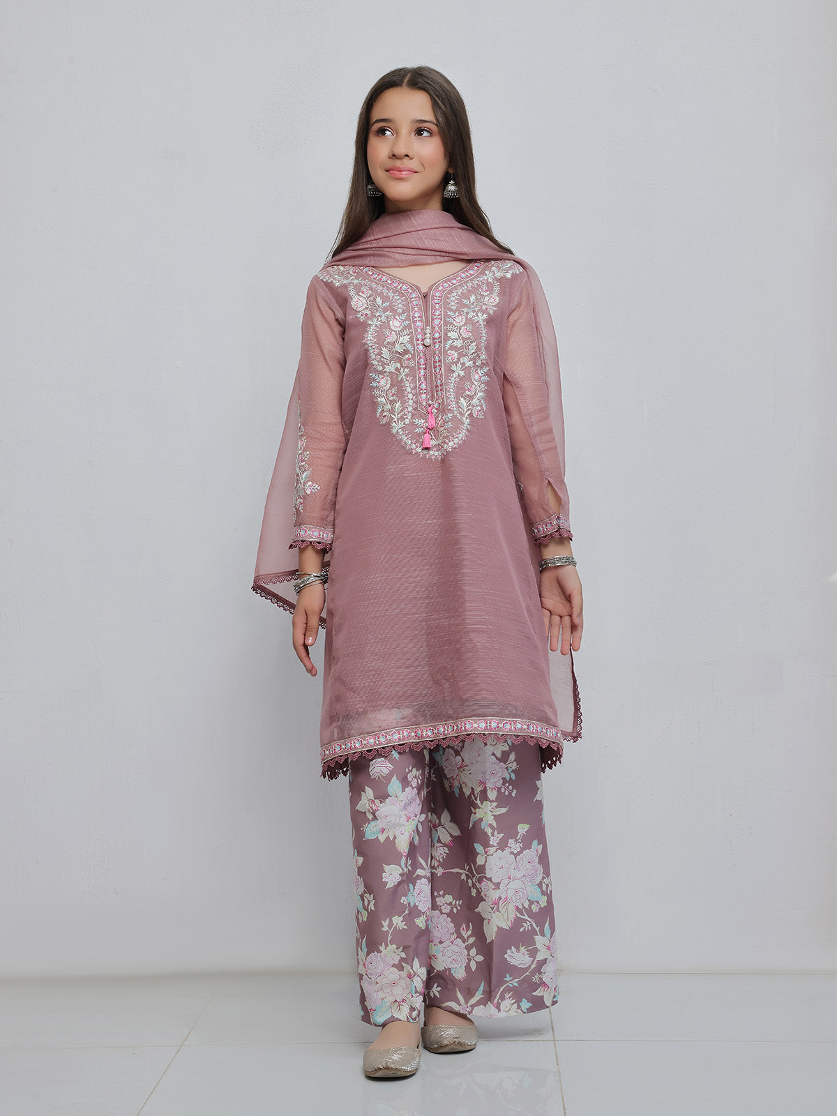 Oaks - Embroidered Slub net polly Suit For Girl - Light Lilac - 3 Piece