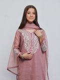 Oaks - Embroidered Slub net polly Suit For Girl - Light Lilac - 3 Piece